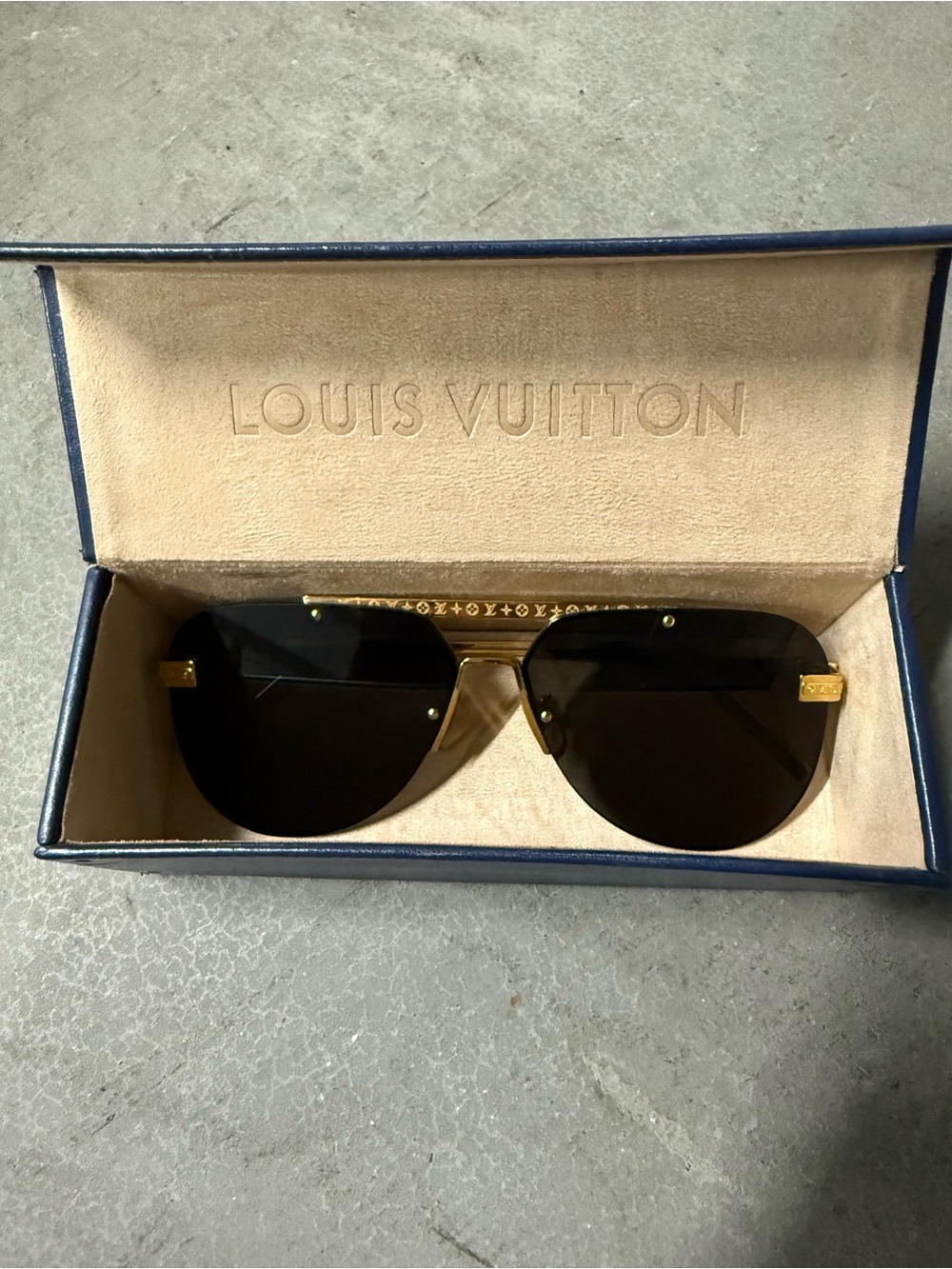 Louis Vuitton Gold Tone Temple Sunglasses with Blue Lens